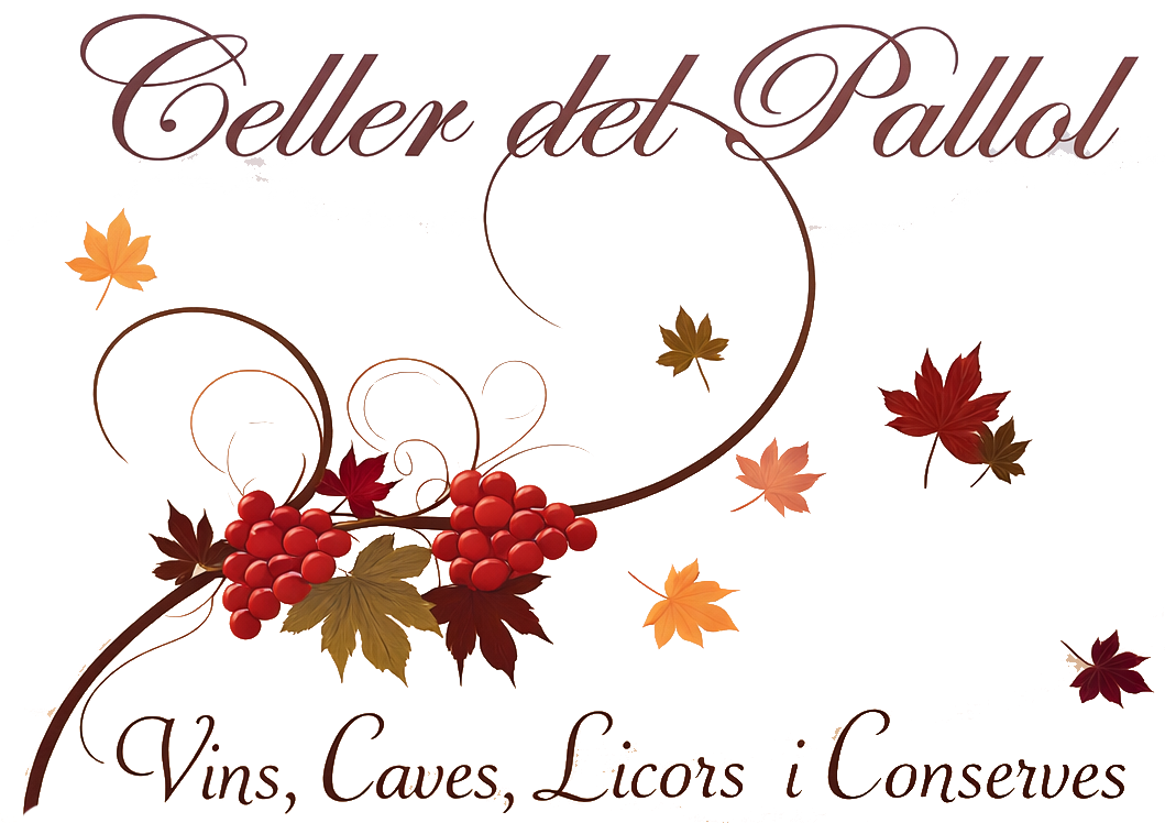 Logotipo de Celler del Pallol con elegante texto en letra cursiva, racimos de uvas, l&iacute;neas onduladas y hojas oto&ntilde;ales.