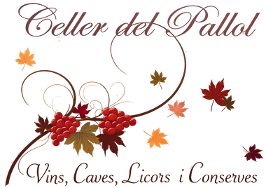 Logotipo de Celler del Pallol con elegante texto en letra cursiva, racimos de uvas, líneas onduladas y hojas otoñales.