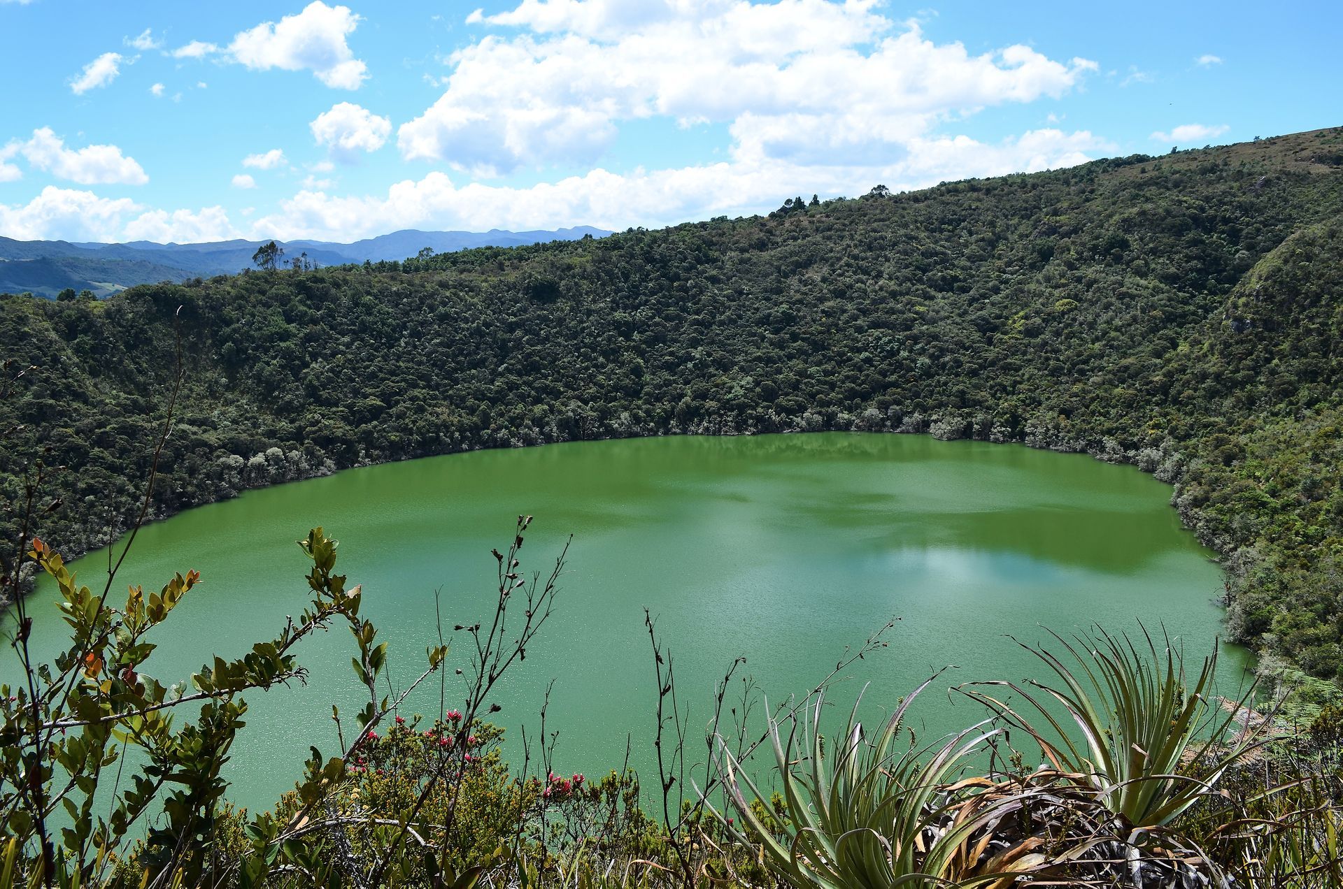 Lac circulaire vert entouré de végétation dense et de collines.