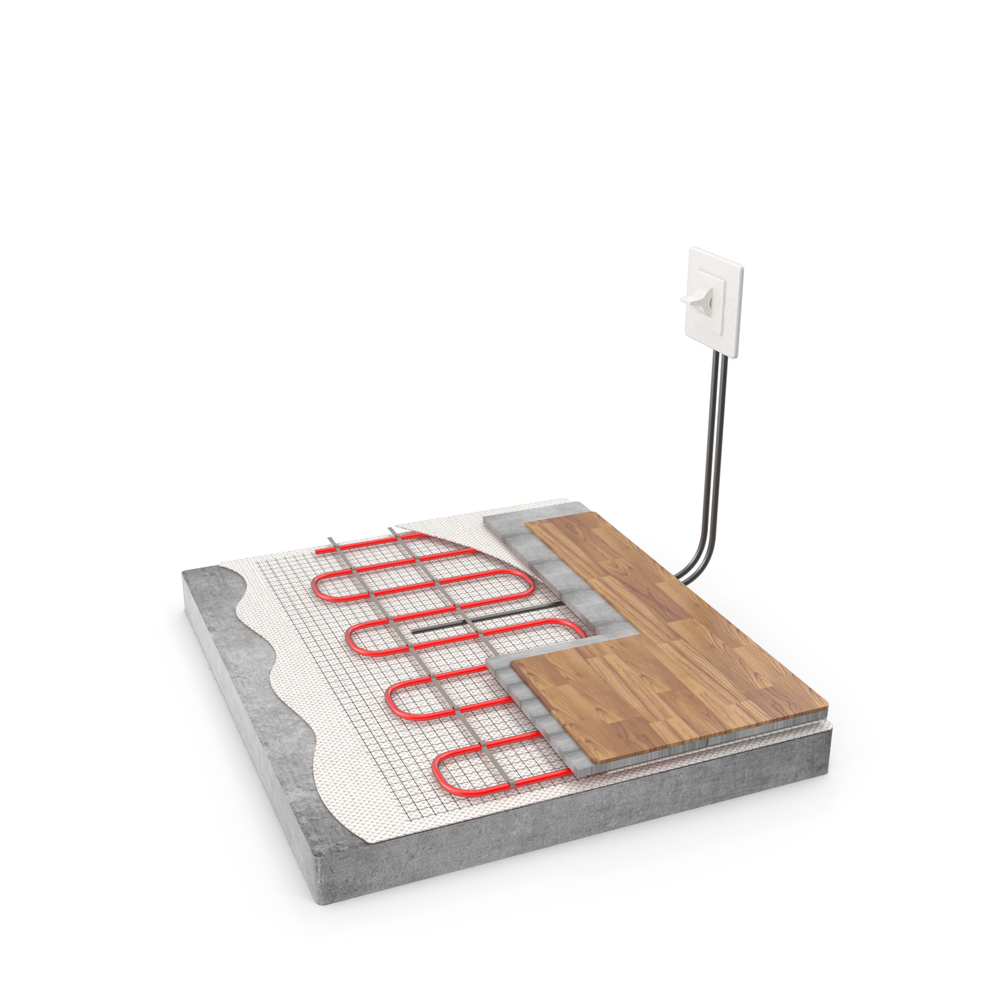 Coupe transversale d'un plancher chauffant.