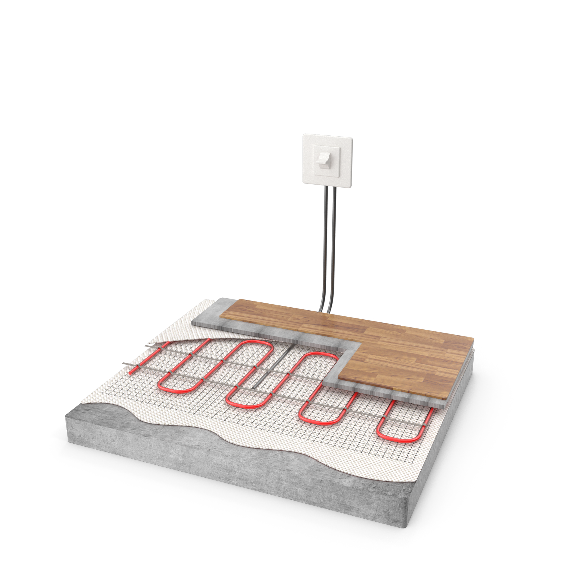 Coupe transversale montrant le sol avec des câbles chauffants rouges.