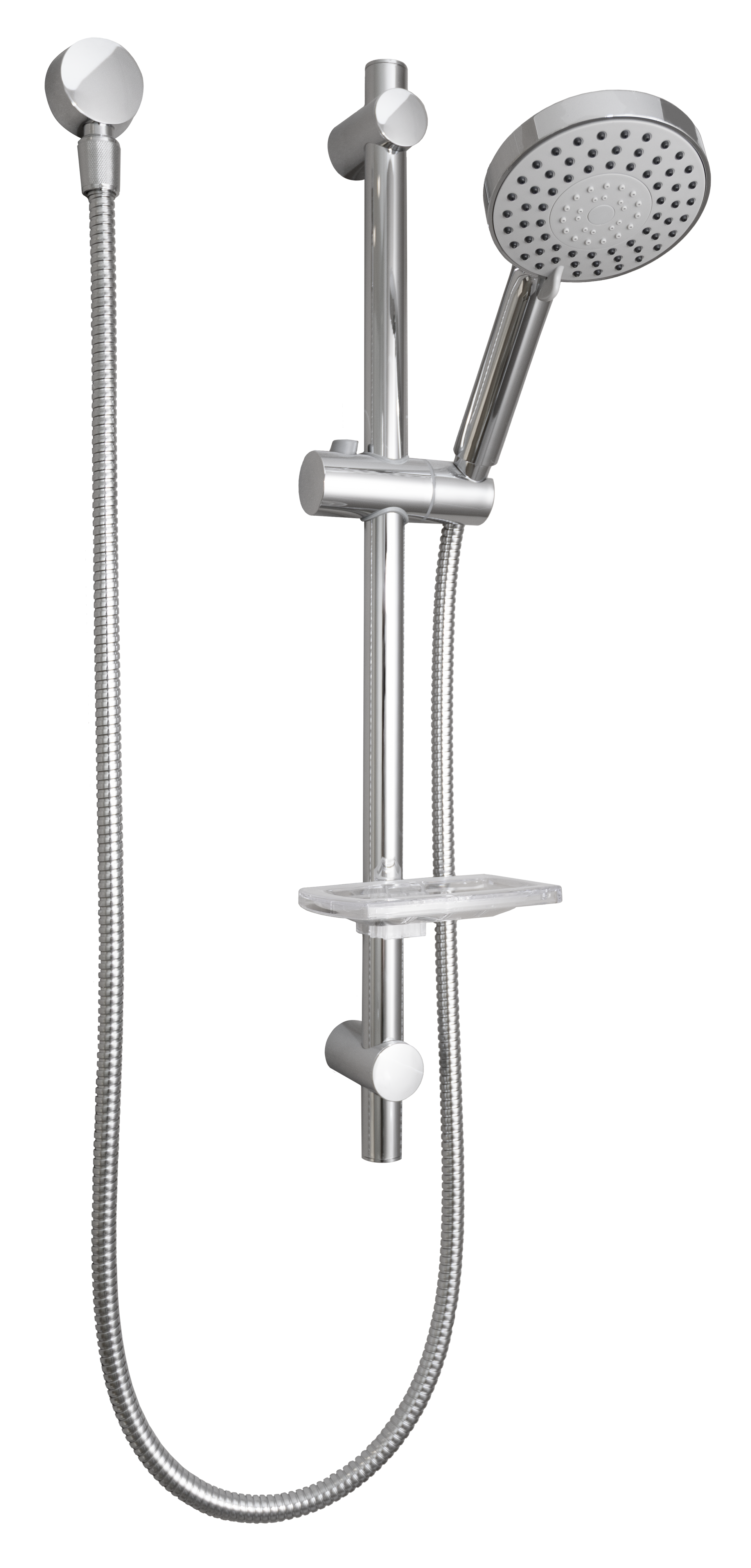 Système de douche chromé avec pomme de douche à la main, barre et porte-savon.