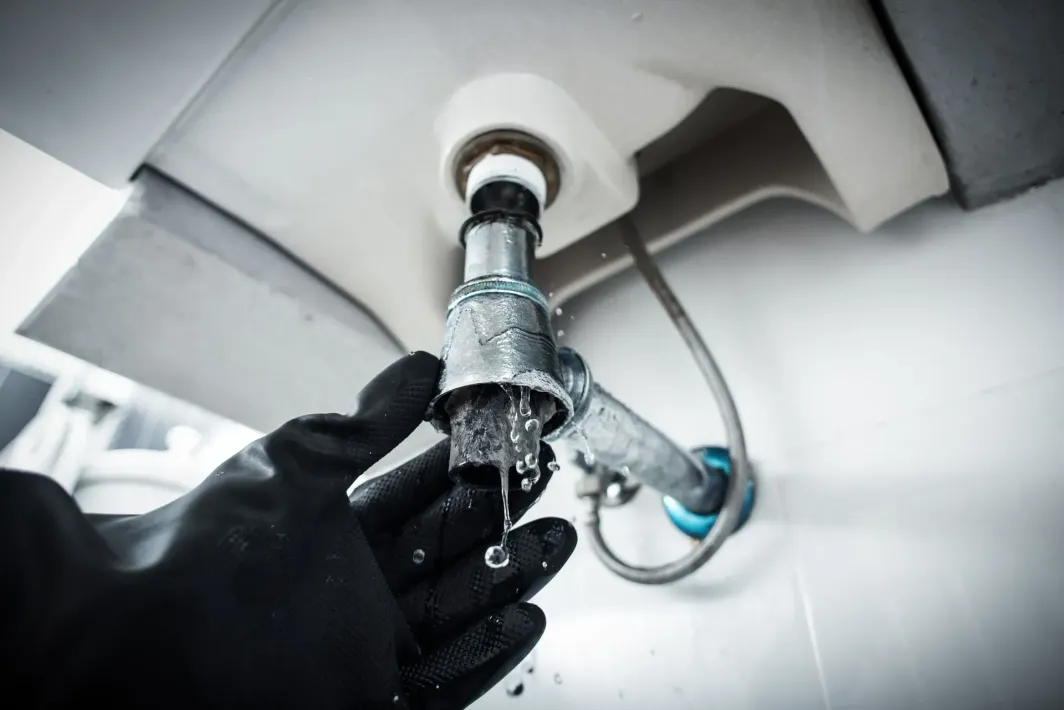 Main dans un gant noir laissant échapper de l'eau d'un tuyau sous un évier blanc.