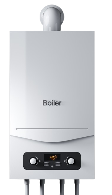 Chaudière murale à gaz blanche avec panneau de commande.