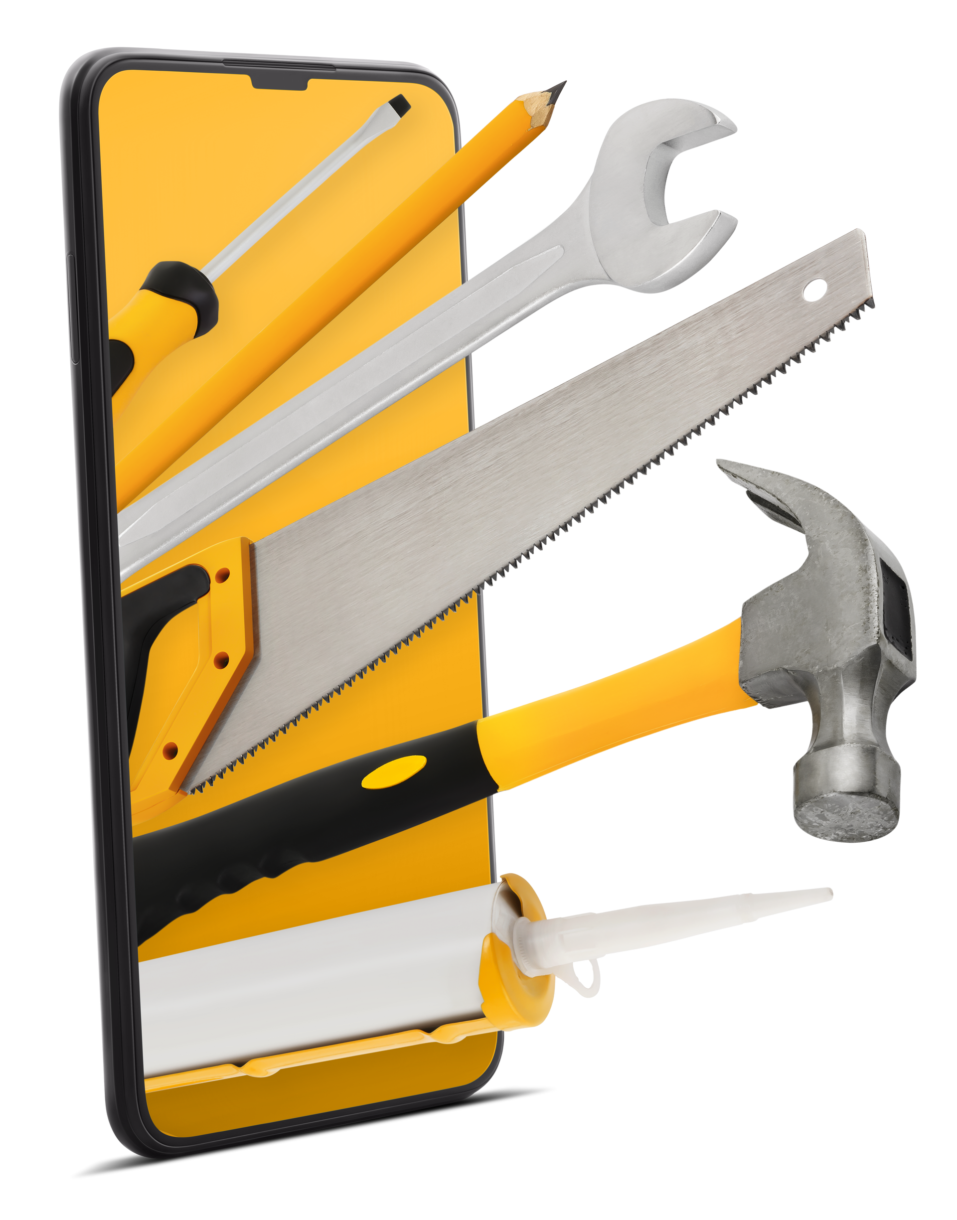 Smartphone avec des outils qui émergent : crayon, clé, scie, marteau, pistolet à calfeutrer ; jaune sur l'écran.