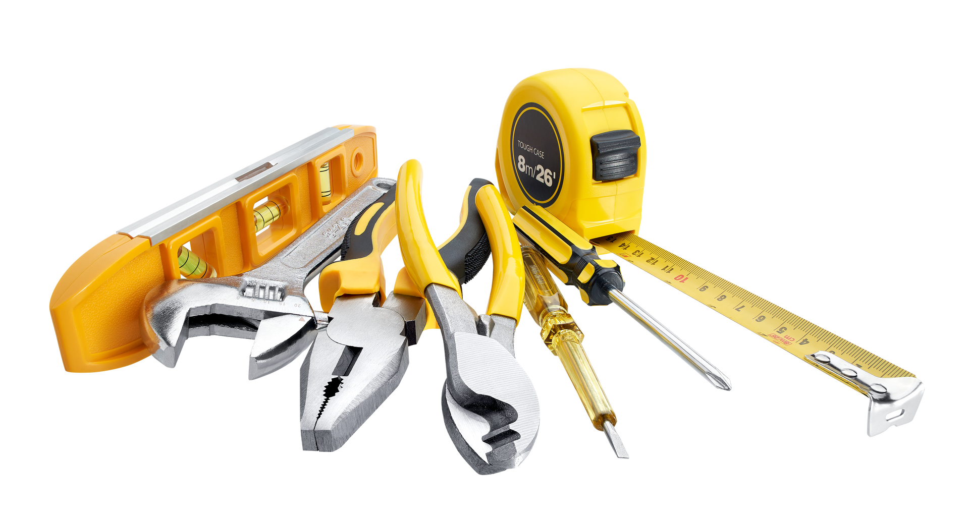 Outils à main jaunes et argentés : niveau, clé, pince, ruban à mesurer et tournevis.