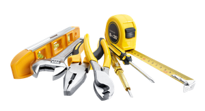 Outils jaunes et argentés : niveau, clé à molette, pinces, tournevis et ruban à mesurer.