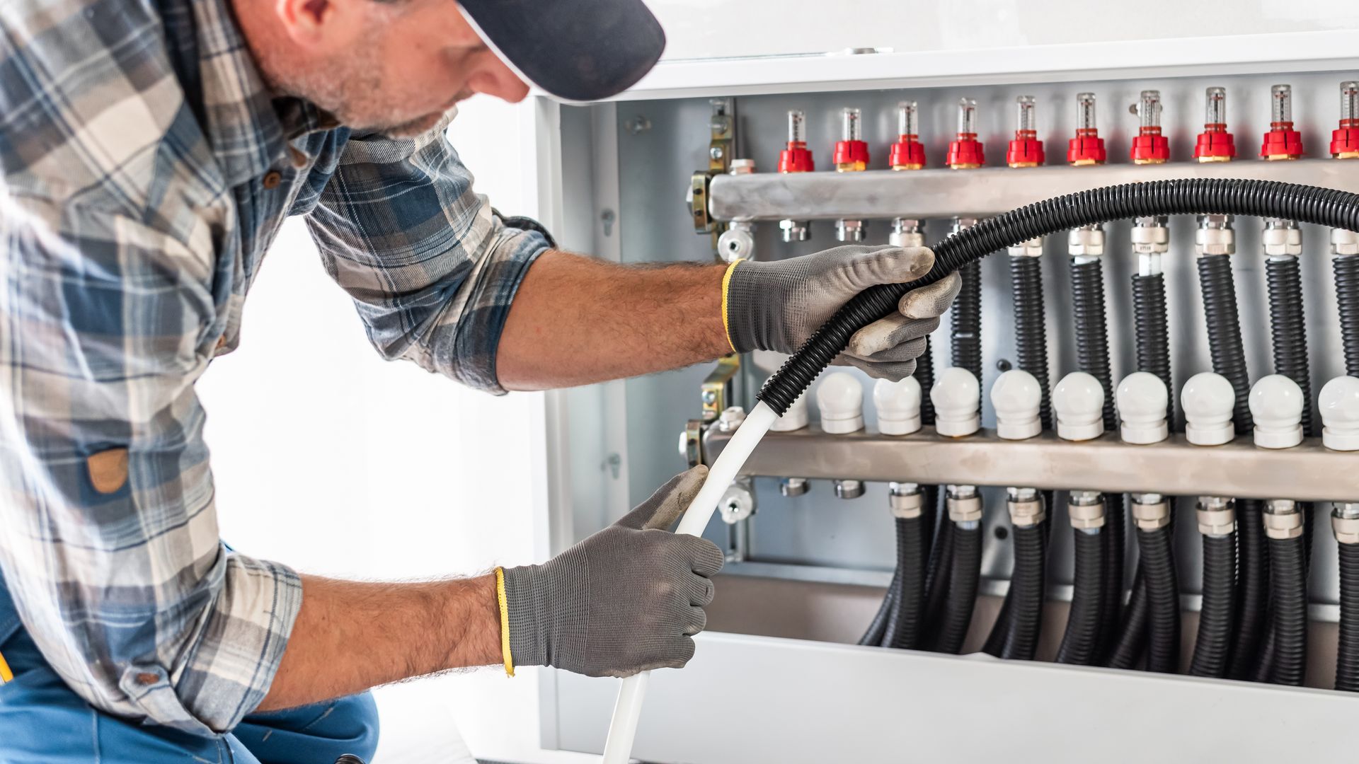 Un ouvrier connecte un câble  à un panneau de commande de plancher chauffant.
