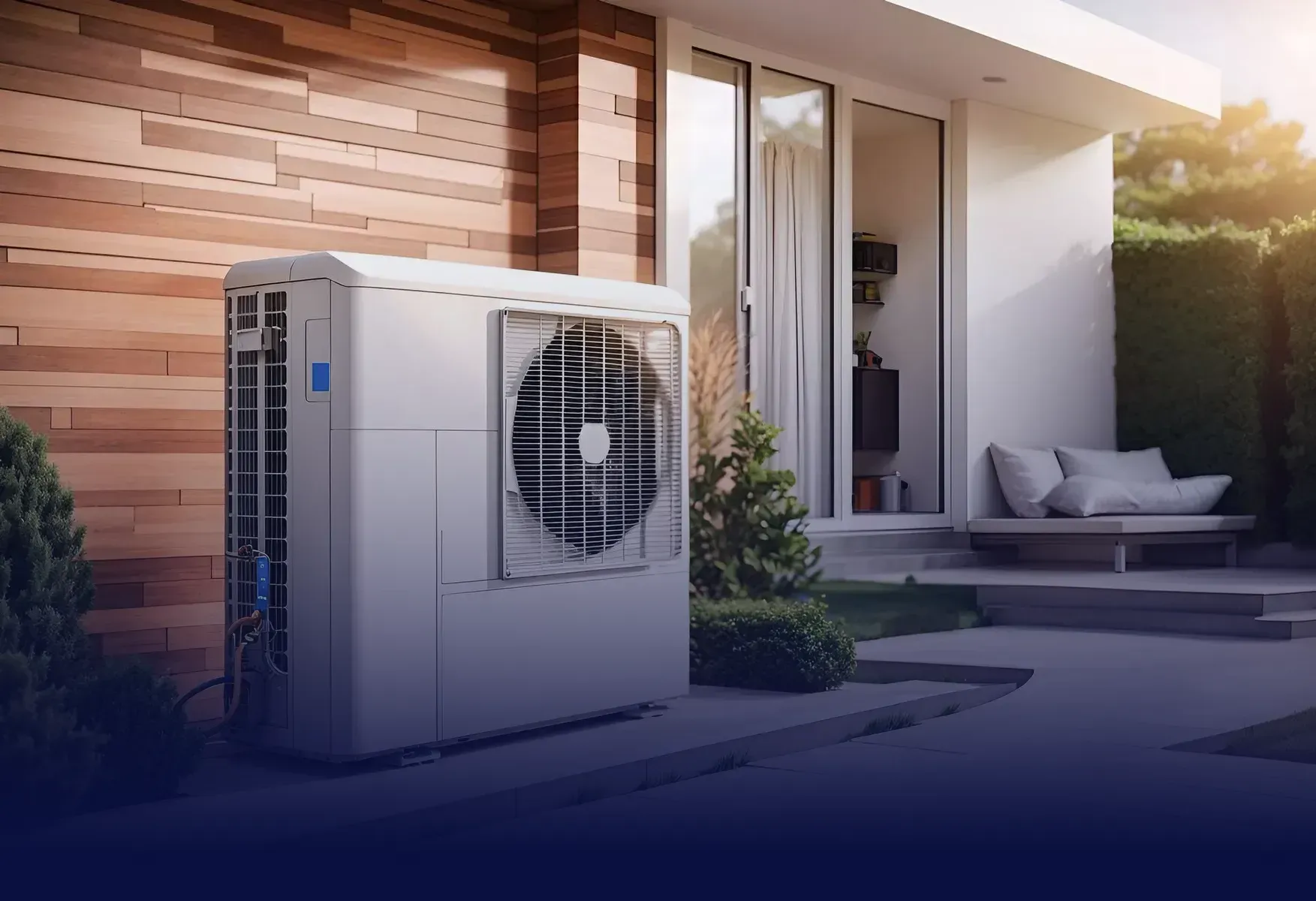 Unité de pompe à chaleur blanche à l'extérieur d'une maison moderne avec un patio.