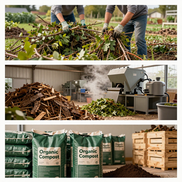 Los trabajadores recogen los residuos vegetales, trituran los restos y apilan bolsas de compost orgánico.