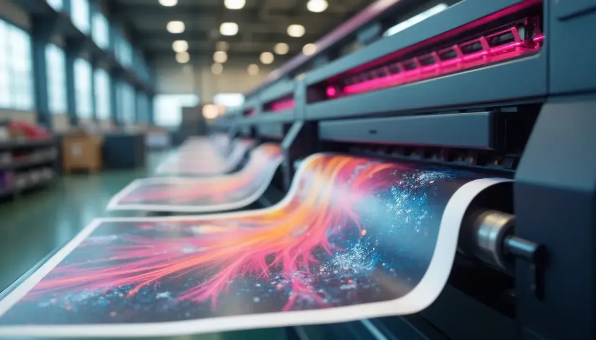 Impresora de gran formato que imprime arte abstracto colorido.