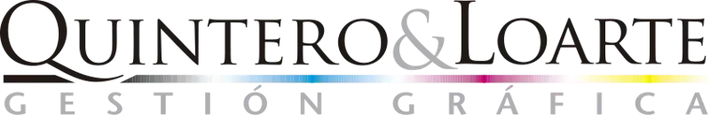 Logotipo de Quintero & Loarte, con el nombre de la empresa y "Gesti&oacute;n Gr&aacute;fica" debajo. Incluye barras de color cian, magenta y amarillo.