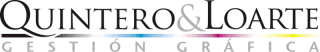 Logotipo de Quintero & Loarte, con el nombre de la empresa y "Gesti&oacute;n Gr&aacute;fica" debajo. Incluye barras de color cian, magenta y amarillo.