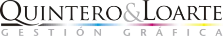 Logotipo de Quintero & Loarte, con el nombre de la empresa y "Gesti&oacute;n Gr&aacute;fica" debajo. Incluye barras de color cian, magenta y amarillo.