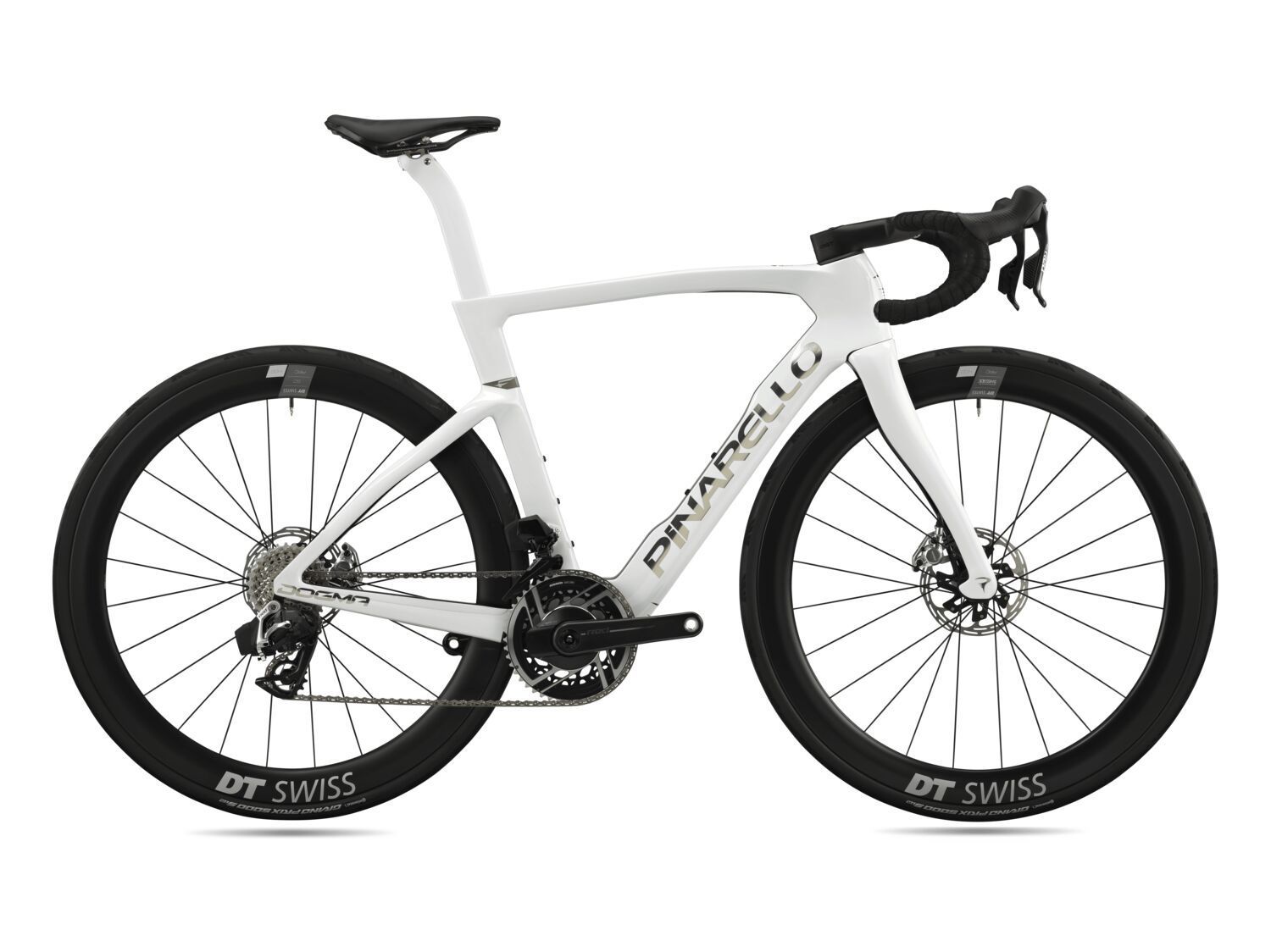 Una bicicleta blanca con ruedas negras sobre un fondo blanco.