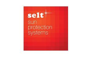 Ein rotes Quadrat mit der Aufschrift „selt Sonnenschutzsysteme“.