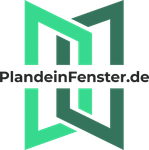 Logo von „PlandeinFenster.de“ mit einer ineinandergreifenden geometrischen Form aus Grün und Blaugrün.