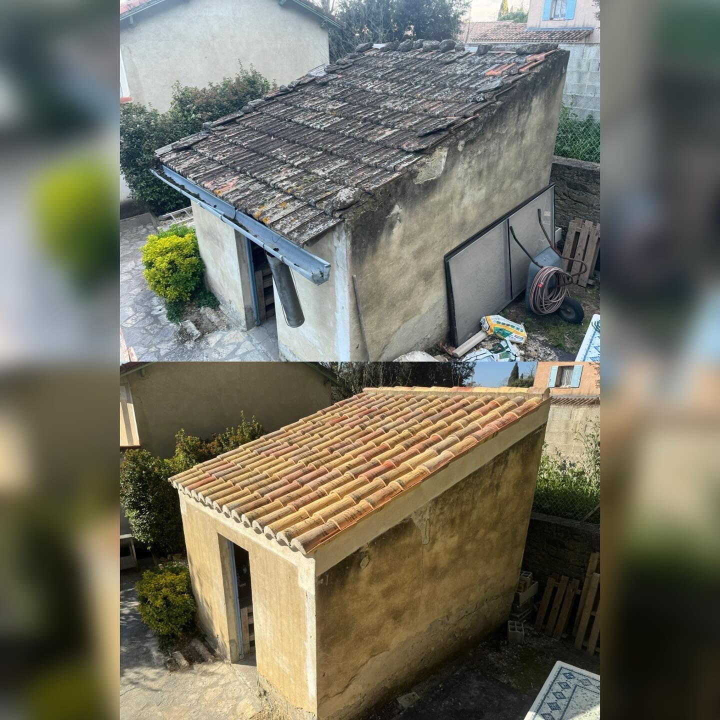La toiture est en cours de réparation avec de l'isolant bleu et des tuiles ; une grue livre les matériaux.