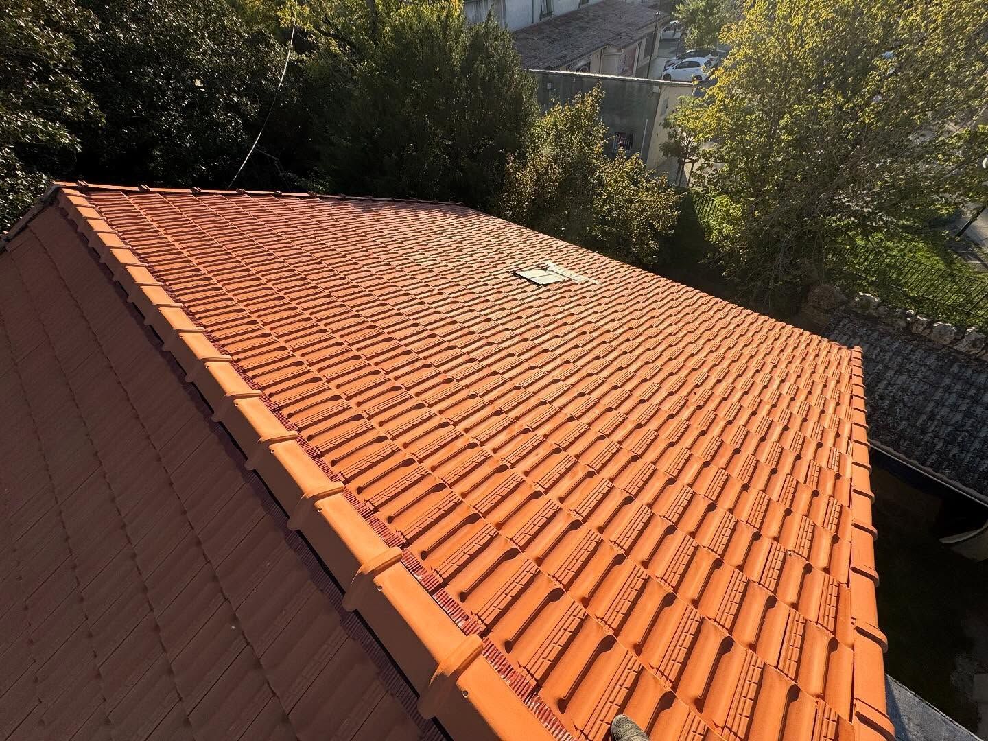 Toit de tuiles brunes, composé de deux pans se rejoignant au faîte, entouré de feuillage vert.