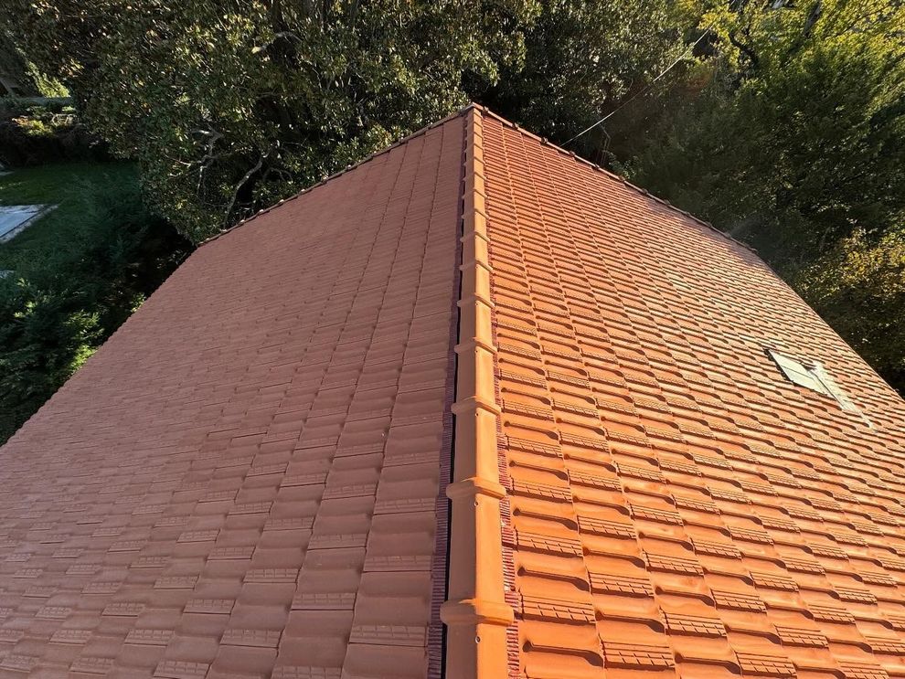 Toit de tuiles brunes, composé de deux pans se rejoignant au faîte, entouré de feuillage vert.