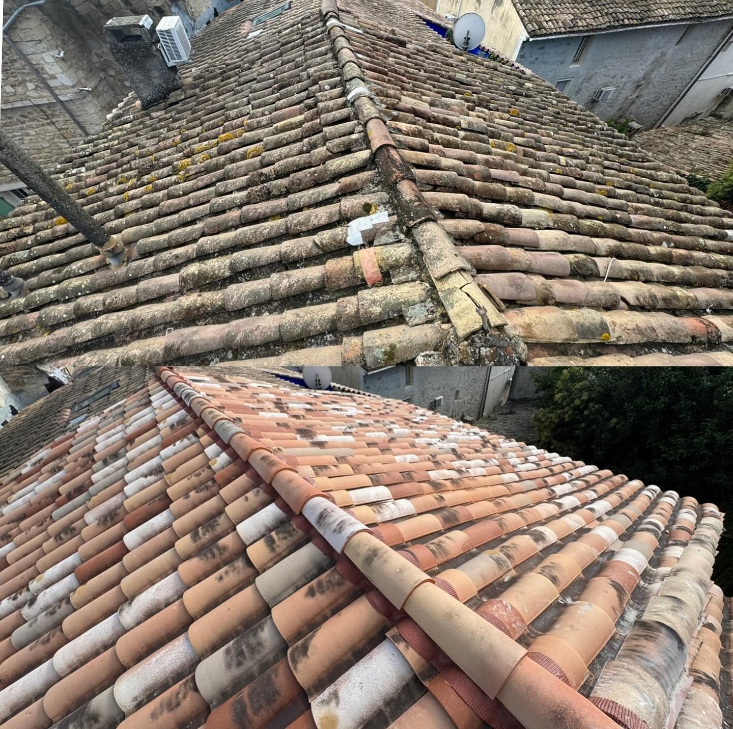 Deux vues d'un toit de tuiles ; l'un usé et ancien, l'autre plus récent avec des tuiles rougeâtres.