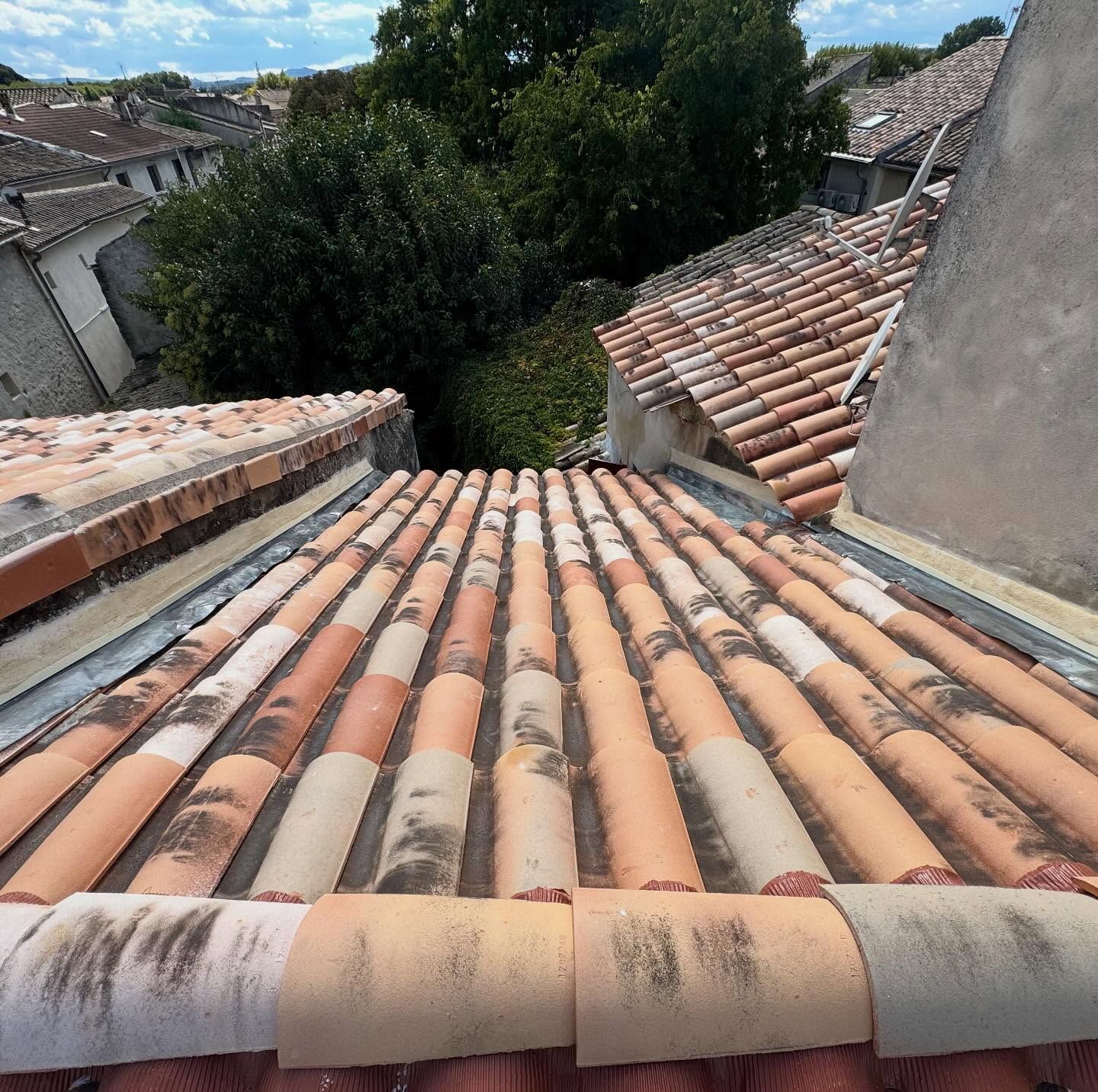 Vue depuis un toit-terrasse donnant sur une pente de tuiles en terre cuite incurvées aux tons variés, en direction des bâtiments environnants.