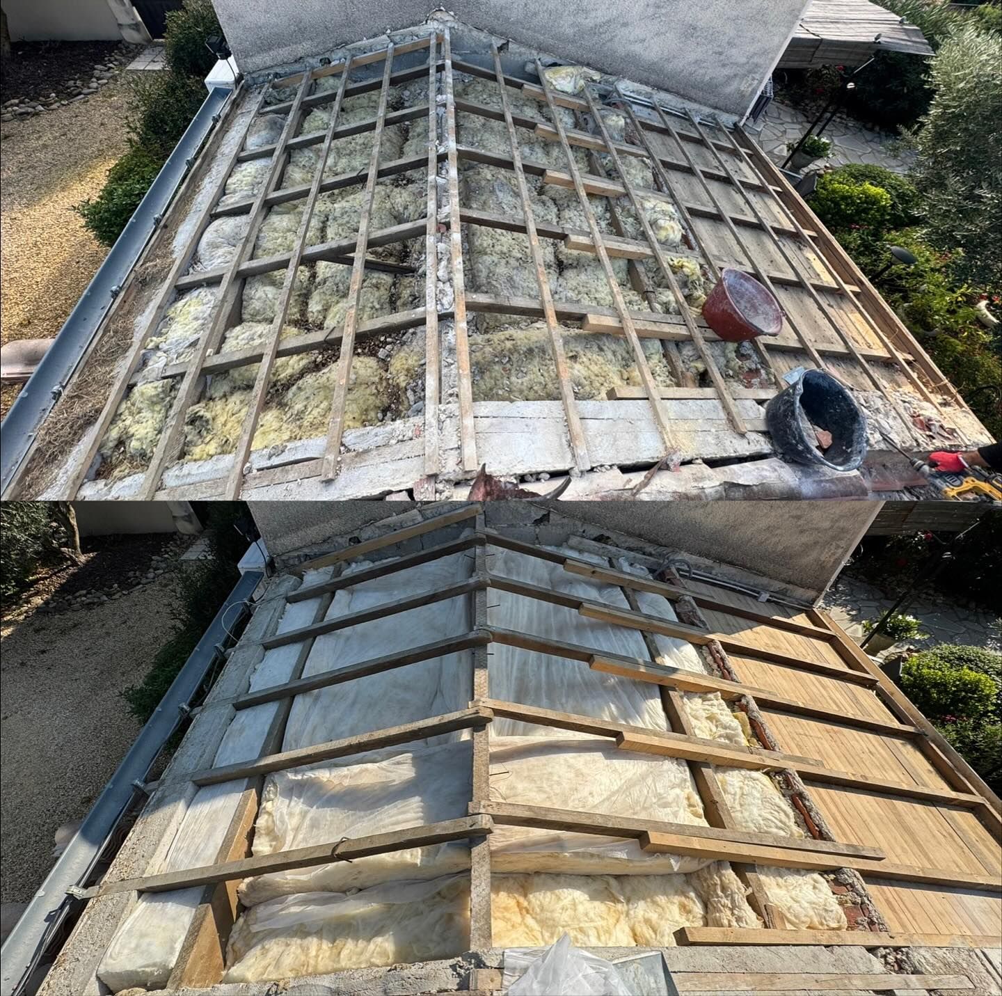 Vue en écran partagé montrant la rénovation d'une toiture : une charpente en bois apparente et isolée, suivie de l'ajout d'une membrane d'étanchéité.