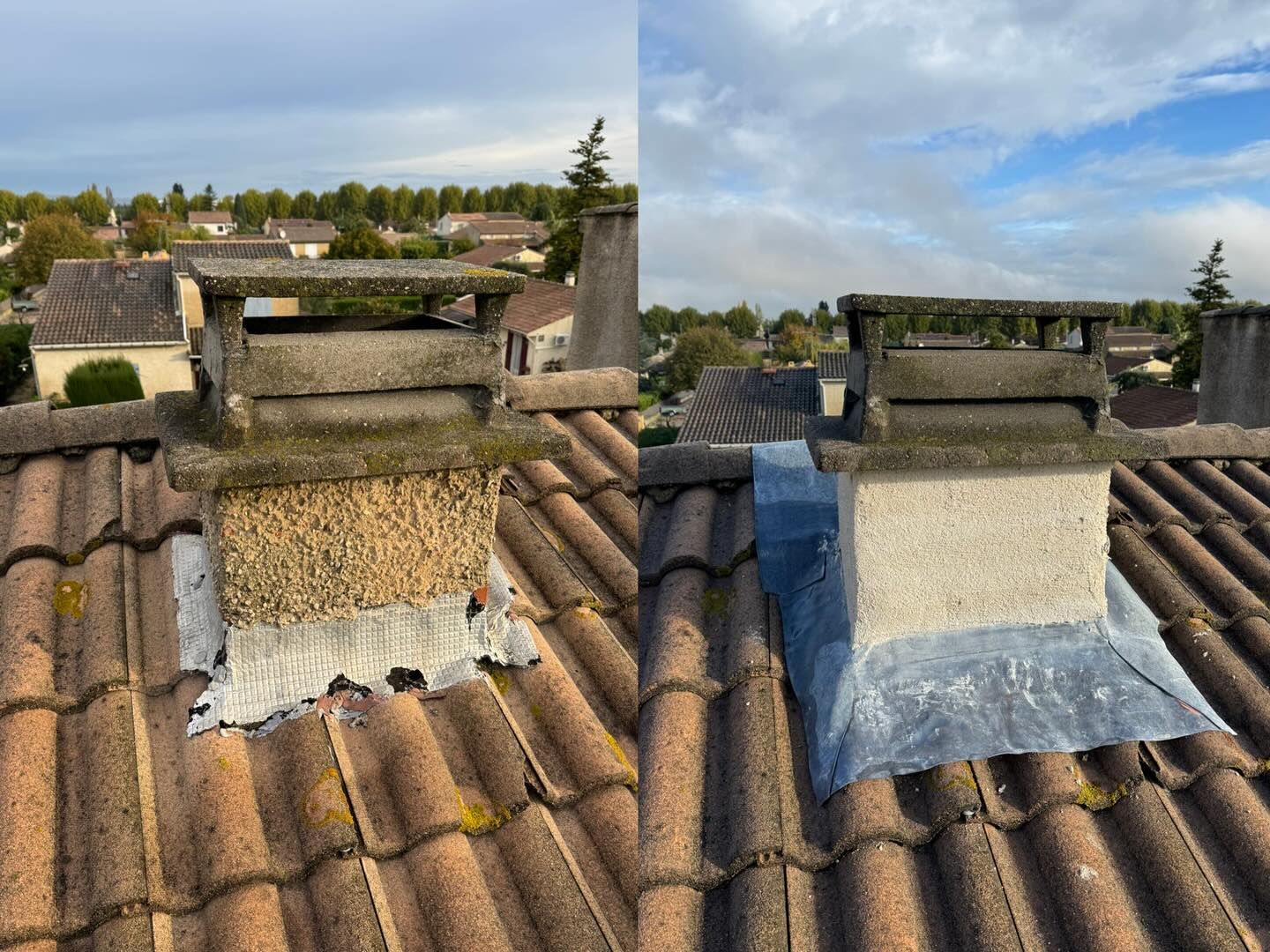 Réparation de cheminée : avant et après. À gauche, solin et emboîtement endommagés. À droite, solin remplacé.