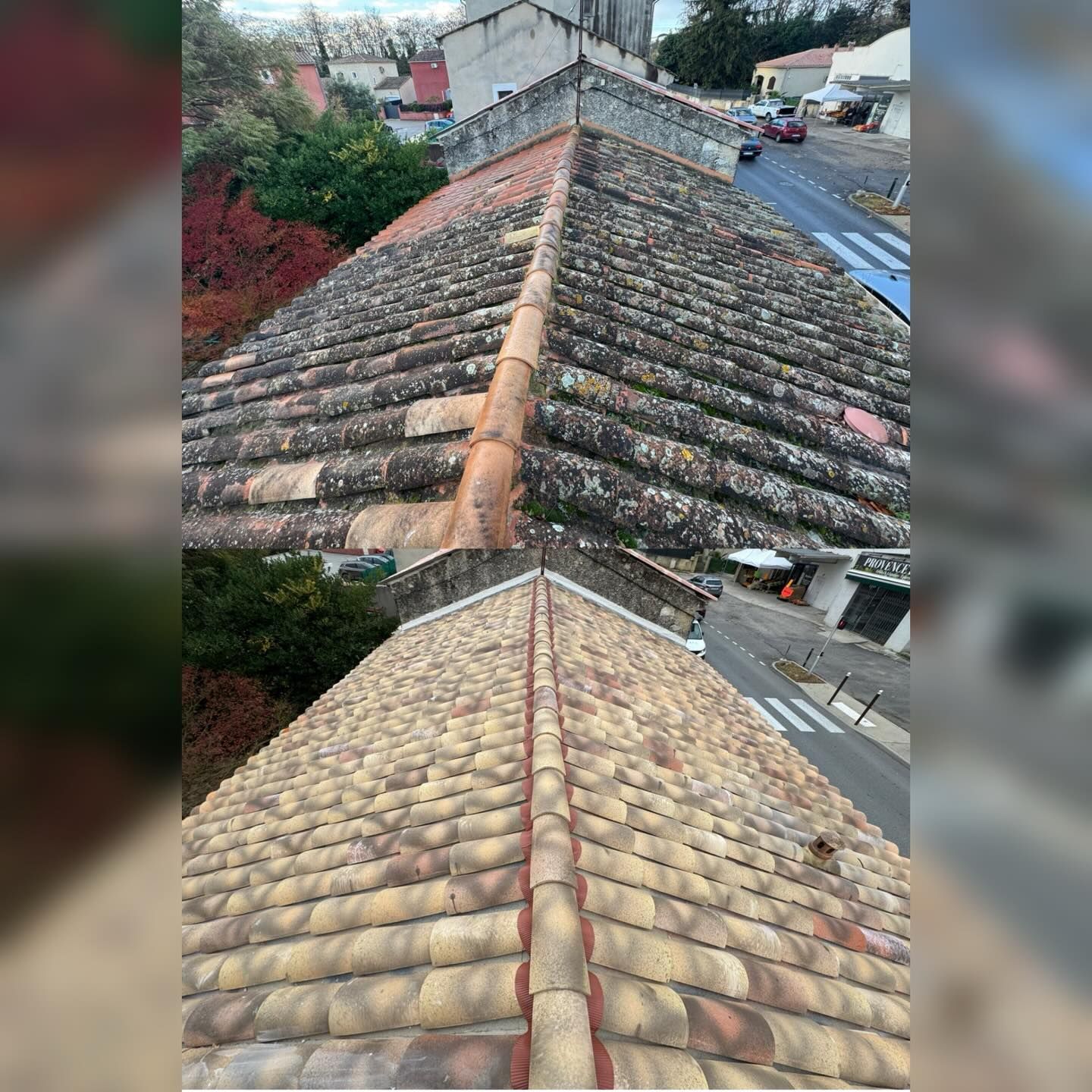 Comparaison d'un toit avant et après nettoyage. En haut : toit en tuiles sales. En bas : toit en tuiles propres.