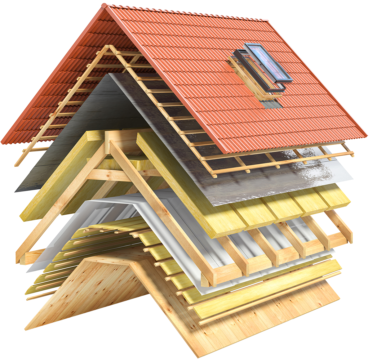 Schéma en coupe d'un toit, montrant les différentes couches de matériaux comme les tuiles, l'isolant et la charpente en bois.