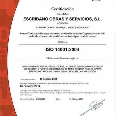 Es un certificado que dice ISO 14001:2004.