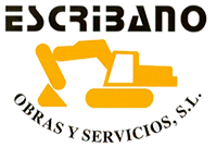 The logo for escribano obras y servicios s.l. has a yellow excavator on it.