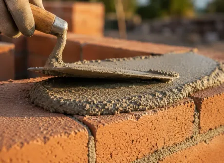 Un albañil extiende mortero húmedo sobre una pared de ladrillos con una llana.