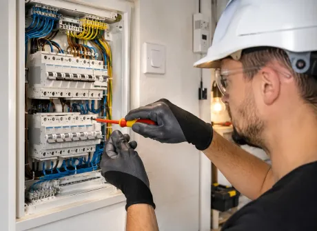 Electricista probando un panel de disyuntores con un destornillador dentro de una caja eléctrica montada en la pared.