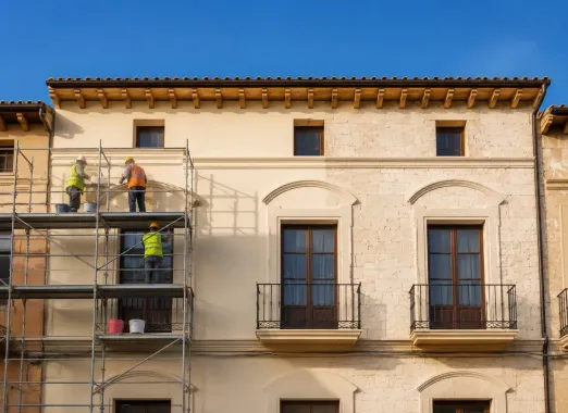 Andamios en la fachada de un edificio de color beige, con trabajadores reparando la zona de la ventana superior izquierda.