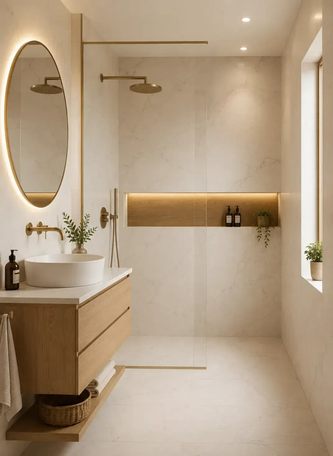 Baño minimalista en color beige con espejo ovalado, lavabo suspendido, ducha a ras de suelo y estante con iluminación cálida de fondo.