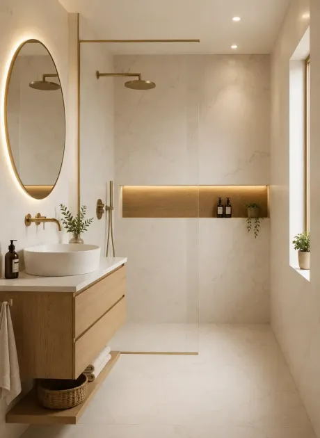 Baño minimalista en color beige