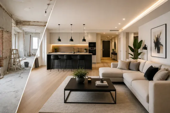Salón moderno de planta abierta con sofá beige, mesa de centro negra e isla de cocina en tonos neutros cálidos.
