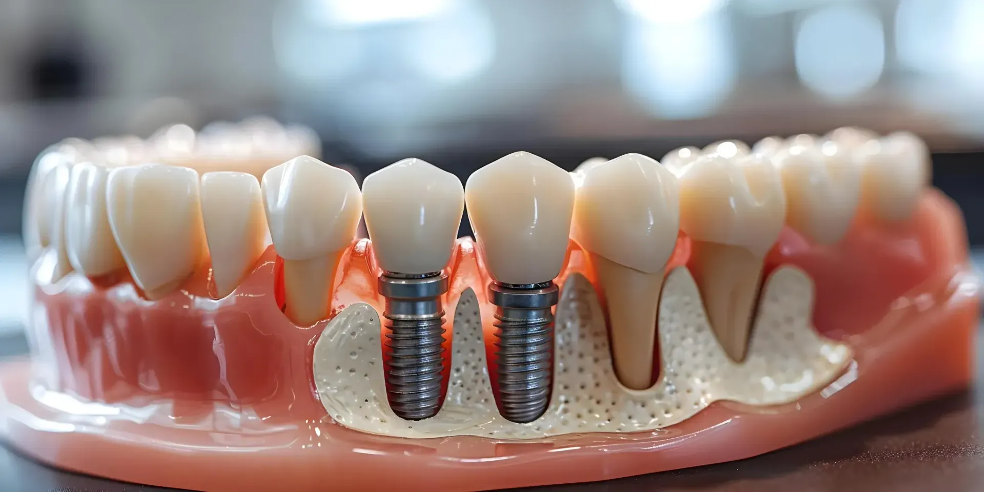 Modelo de implantes dentales en una encía rosa. Se instalan dos implantes con dientes adheridos.