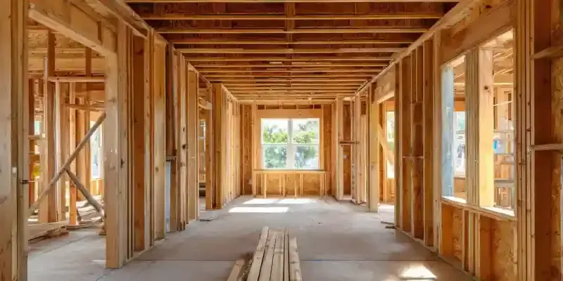 Intérieur d'une maison en bois en construction, avec charpente apparente et fenêtres au fond.