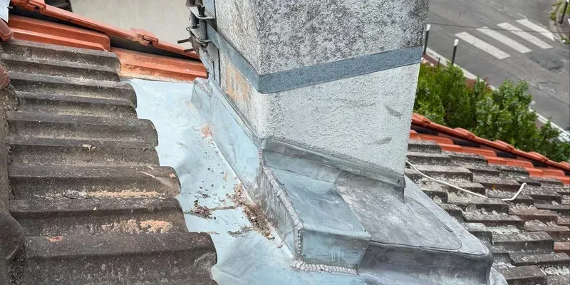Toiture avec cheminée grise et tuiles de terre cuite rouge patinées, donnant sur une rue en contrebas.