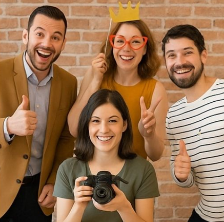 Quatre personnes posent pour une photo devant un mur de briques, souriantes et utilisant des accessoires