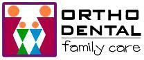 El logotipo de Ortho Dental Family Care muestra una familia parada una al lado de la otra.