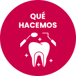 Un círculo rojo con un diente y herramientas dentales dentro.