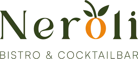 Logotipo de Neroli Bistro & Cocktail Bar con una naranja estilizada con hojas que reemplaza la letra "O".
