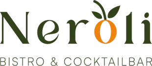 Logotipo de Neroli Bistro & Cocktail Bar con una naranja estilizada con hojas que reemplaza la letra "O".