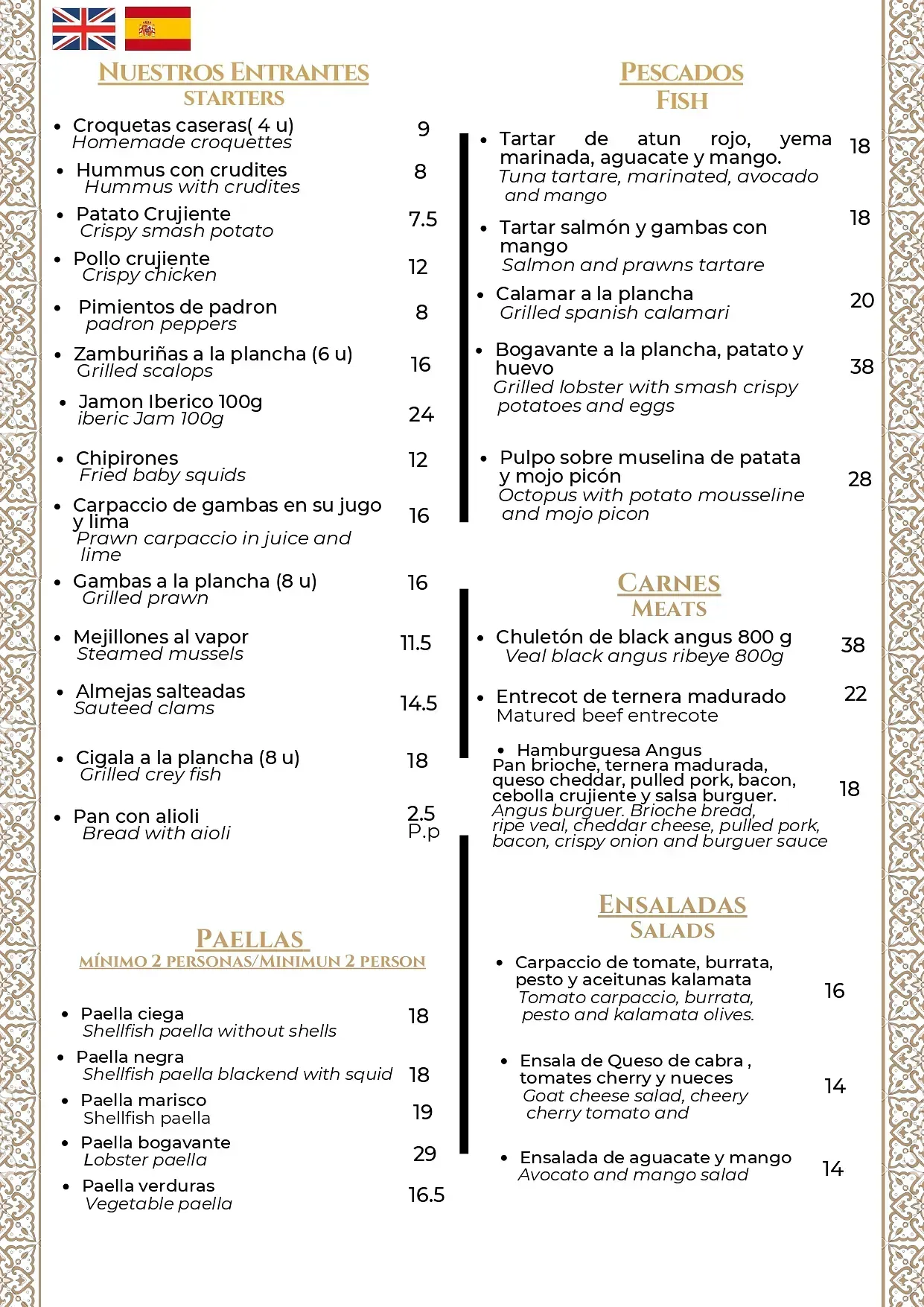 Menú con platos y precios de comida española.