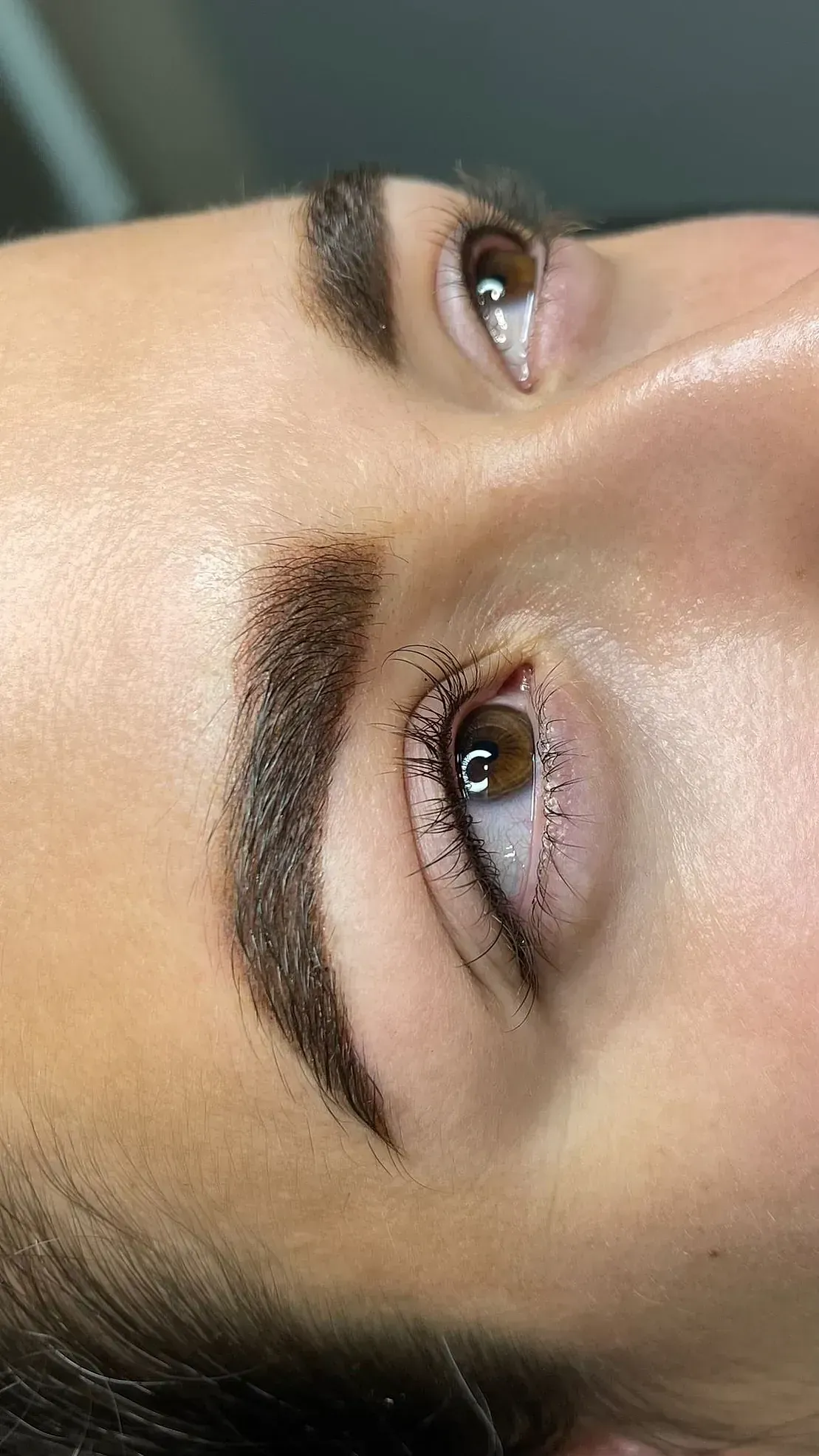 Un primer plano de las cejas y pestañas de una mujer.