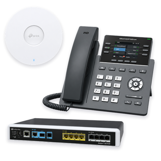 Configuration d'un système téléphonique VoIP avec routeur, ordinateur portable, smartphone et téléphone de bureau