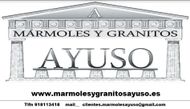 Logotipo: "Mármoles y Granitos Ayuso" con fachada de estilo grecorromano. Sitio web e información de contacto a continuación.